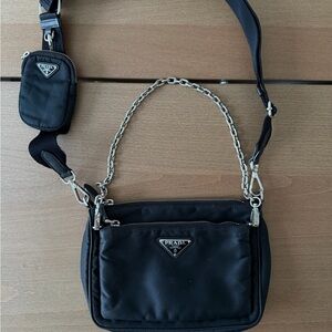 Authentic 2 in 1 Prada Black Nylon Chain-Handle Crossbody Bag with pochette